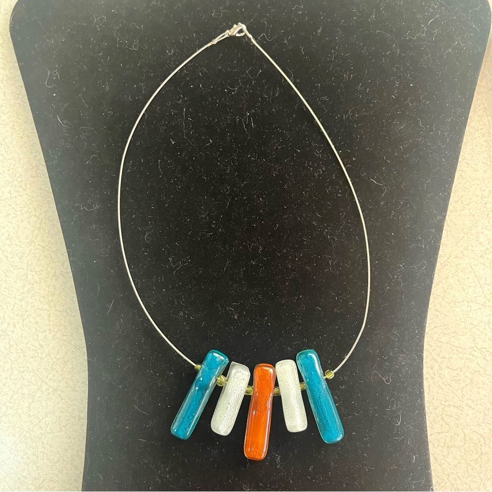 Vintage Glass, Bead, and Wire Necklace Blue White Orange Silver